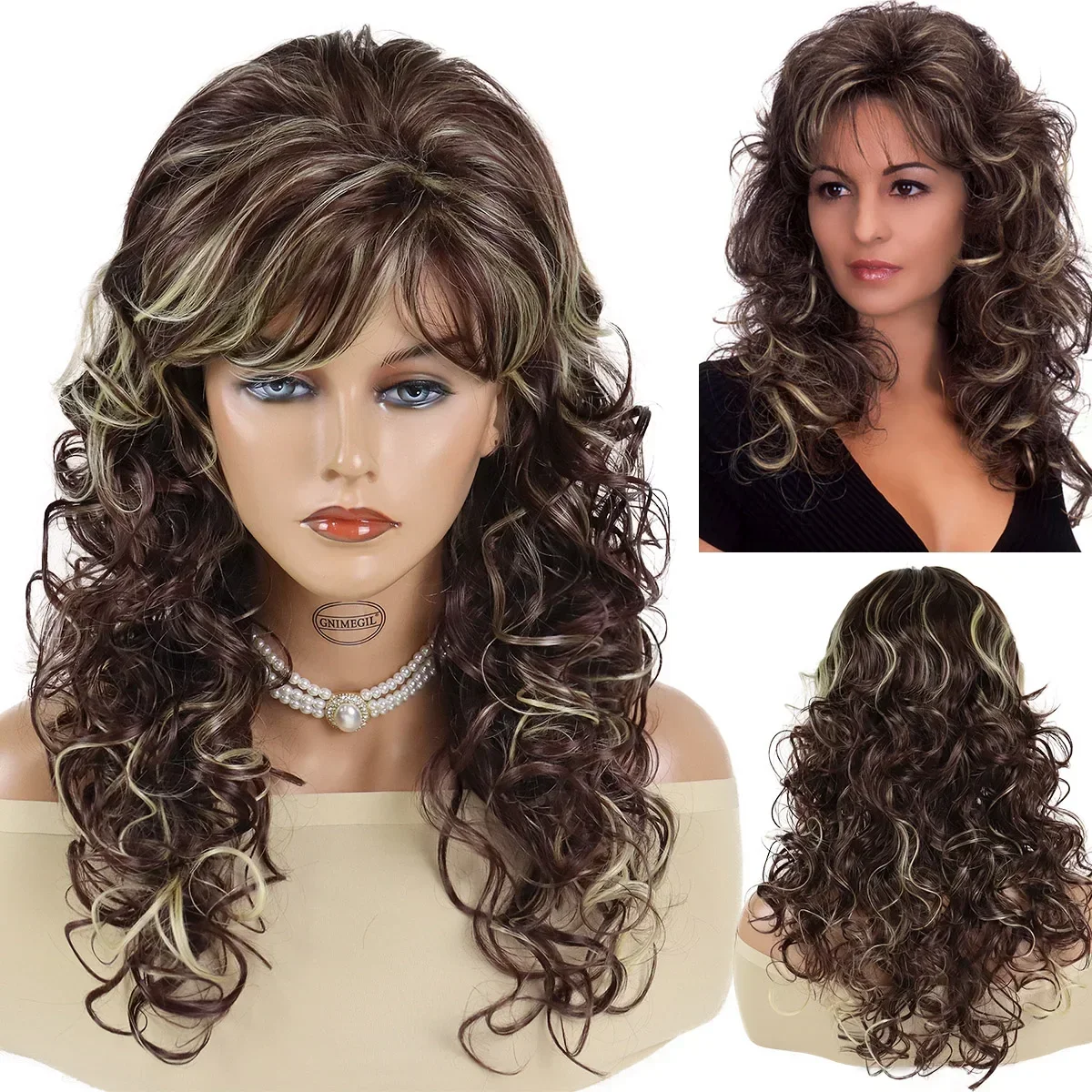 

GNIMEGIL Synthetic Brown Blonde Highlight Wigs for Women Long Curly Wig with Bangs Natural Elegant Mommy Daily Ladies Wig Party