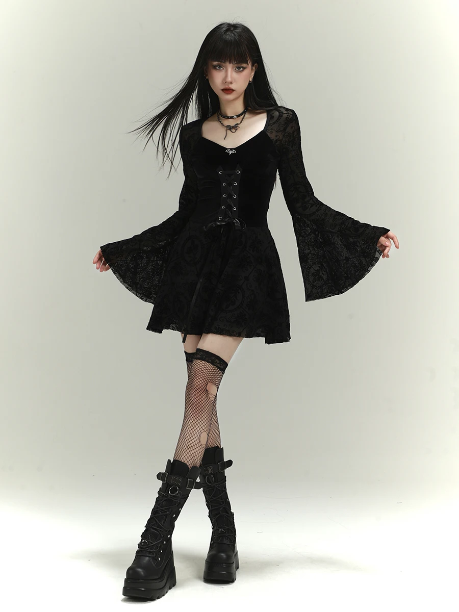 

New Designed Goth Fashion Women Dress Long Flare Sleeve Slim Pullover Square Collar Lace Patchwork Gothic Style Ladies Dress