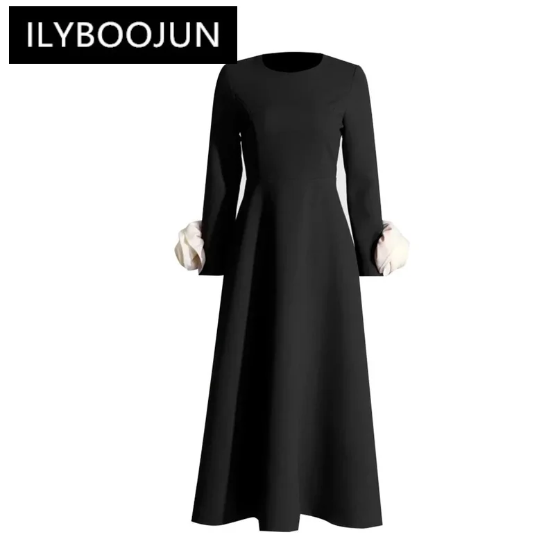 

ILYBOOJUN Colorblock Patchwork Appliques Elegant Dress For Women Round Neck Long Sleeve High Waist Temperament Dresses Female