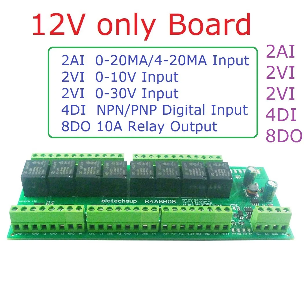 

8DO 4DI 8AI RS485 Modbus RTU Multifunction Relay Module PLC IO Expanding Board 4-20MA 0-10V Analog Current Voltage Collector