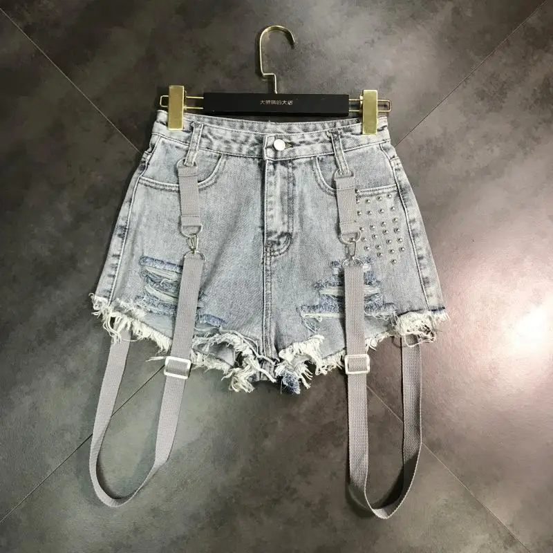 

Female Beading Shoulder Strap Trend Shorts Burrs Tassel Short Jeans 2024 Spring Summer Women Black Casual Fashion Denim Shorts