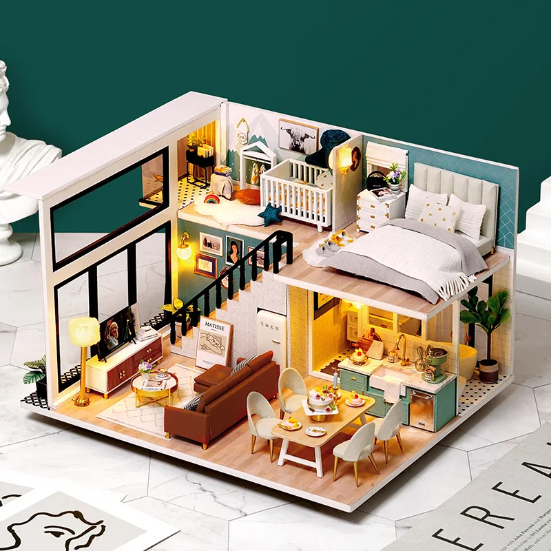 

Wooden Luxury Duplex Apartment Doll Houses Kit Miniature with Furniture Modern Loft Casa DIY Villa Dollhouse Toys Christmas Gift