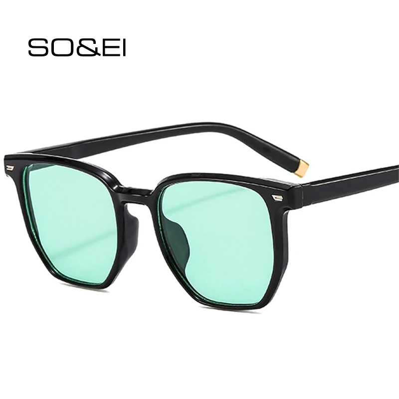 

SO&EI Retro Square Women Clear Ocean Lens Sunglasses Shades UV400 Fashion Rivets Decoration Men Trending Blue Green Sun Glasses