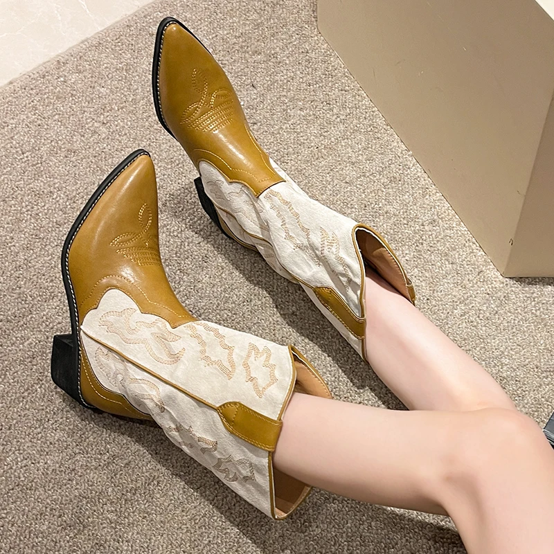 New Retro Embroidered Cowboy Boots for Women Pointed Toe Chunky Heels Mid Calf Boots Woman Mix Color Slip on Western Booties
New Retro Embroidered Cowboy Boots for Women Pointed Toe Chunky Heels Mid Calf Boots Woman Mix Color Slip on Western Booties