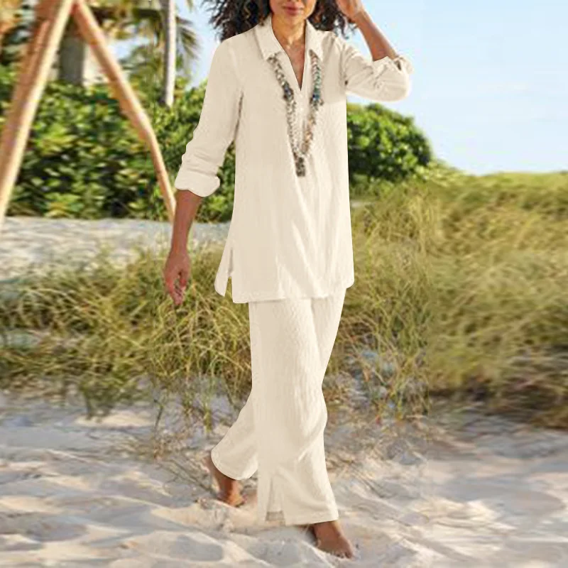 Women Cotton Linen Lapel Top Two Pieces Set Vintage Solid Color Long Sleeve and Wide Leg Straight Pants Casual Loose Pants Sets
Women Cotton Linen Lapel Top Two Pieces Set Vintage Solid Color Long Sleeve and Wide Leg Straight Pants Casual Loose Pants Sets