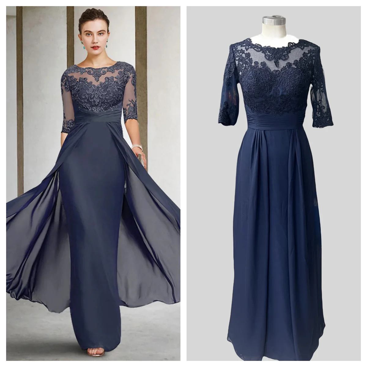 

Sheath / Column Mother of the Bride Dress Elegant Jewel Neck Floor Length Chiffon Lace 3/4 Length Sleeve with Appliques 2024