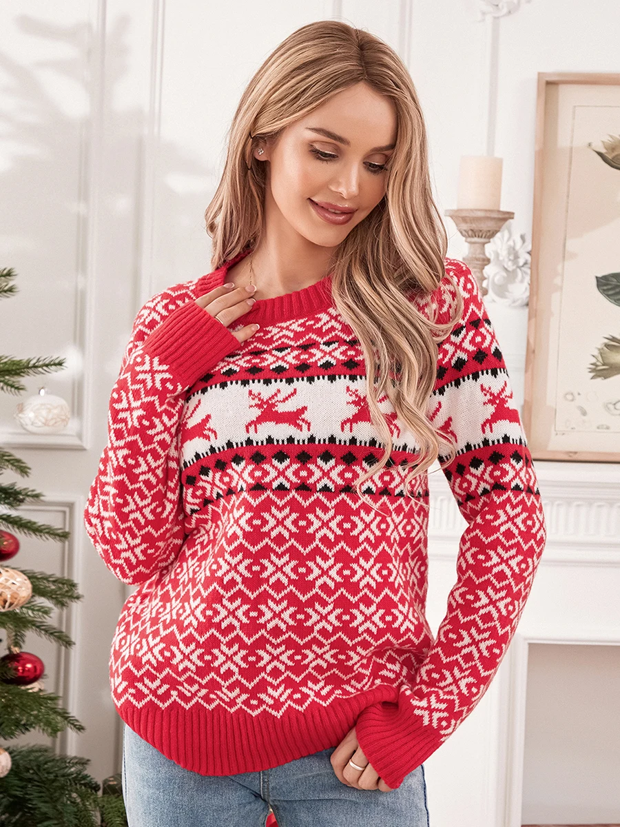 

Женские рождественские свитера wsevypo с геометрическим принтом, пуловер с длинным рукавом и круглым вырезом, повседневные рождественские Джемперы, праздничная трикотажная одежда