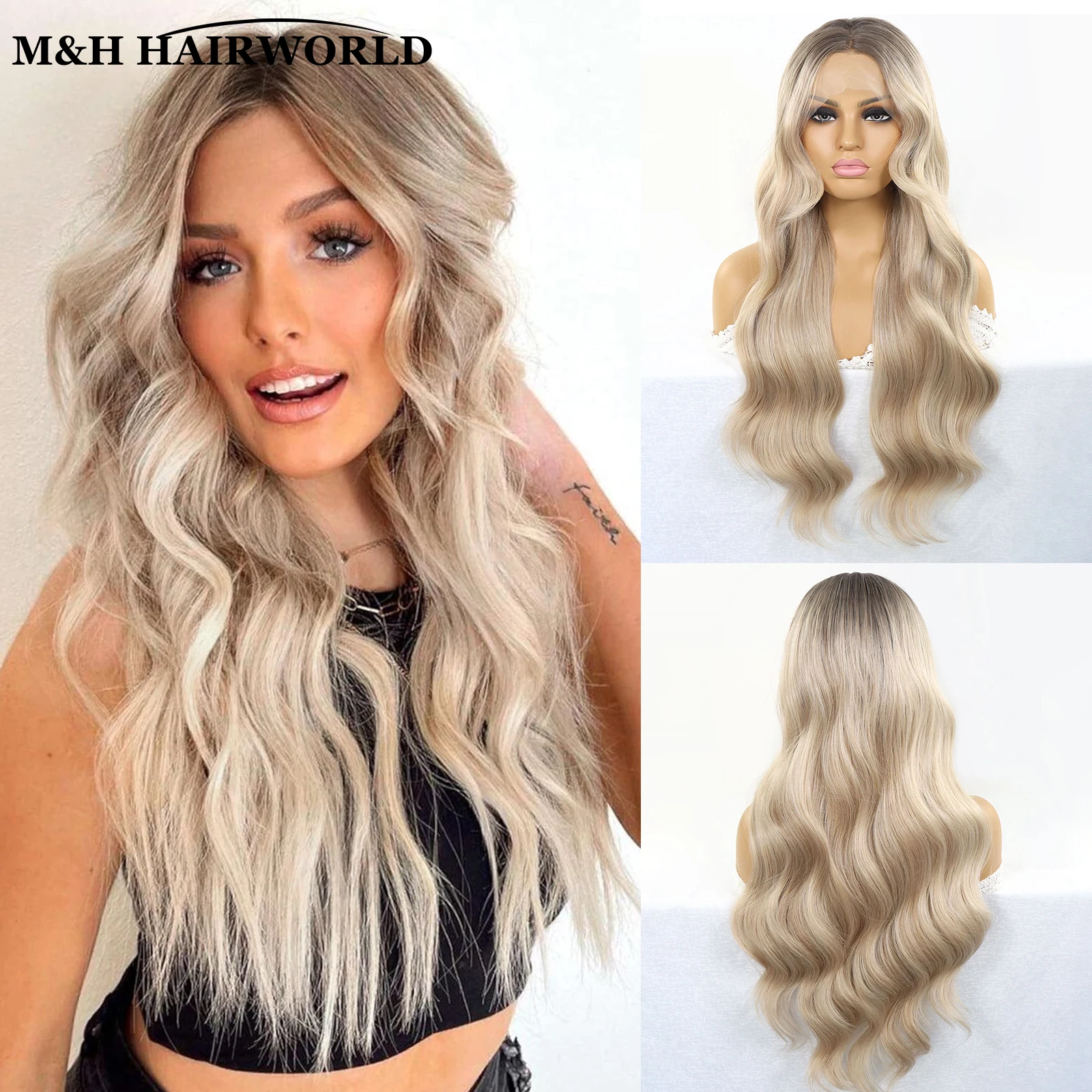

Blonde Highlight Colored Synthetic Hair Lace Front Wigs For Women Long Curly Wavy Wig Glueless Lace Frontal Wigs for Daily Use