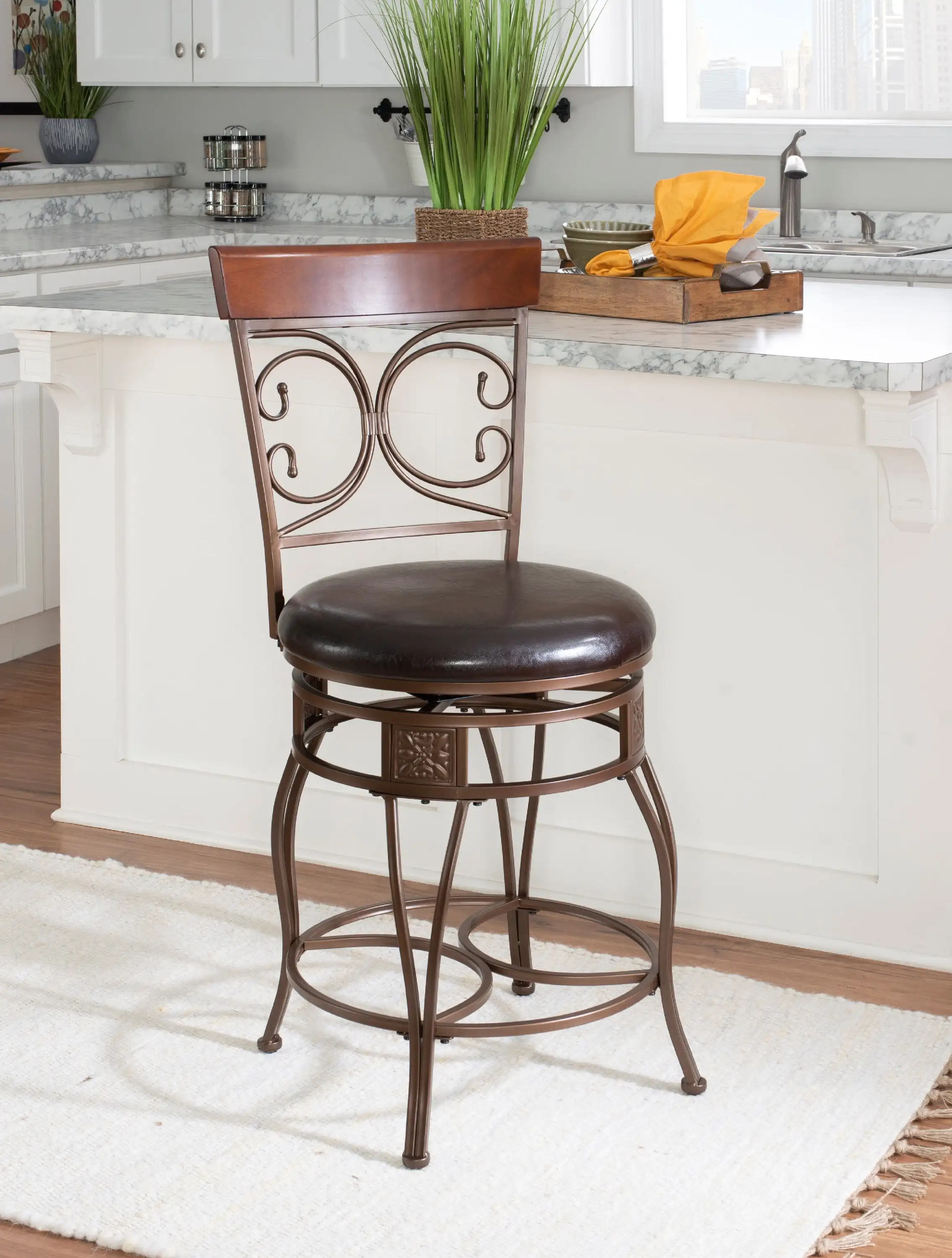 Faux Leather Counter Height Stool Metal Ornate Back Kitchen Swivel Bar Chairs Dark Brown
Faux Leather Counter Height Stool Metal Ornate Back Kitchen Swivel Bar Chairs Dark Brown