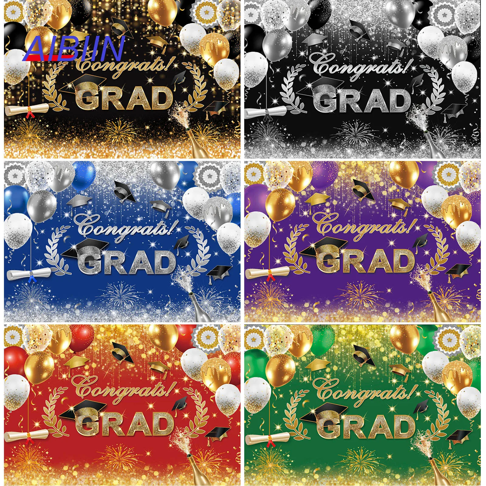 

AIBIIN Congrats Grad Photography Background Black Gold Glitter Backdrop Graduation Celebration Graduate Prom Party Decorations