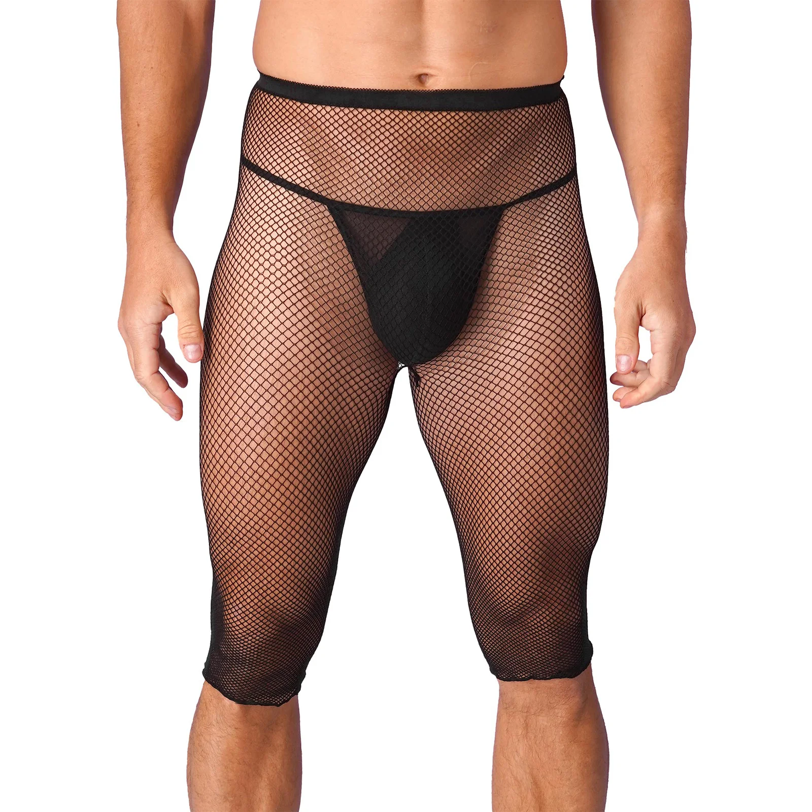 

Men's Boxer Shorts Fishnet Mesh Sexy Underwear See Through Knee Length High Stretchy Legging Half Pants for Pool Party Nightclub