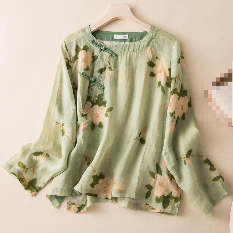

New Summer Fashion Woman Blouse 2023 Printed Round Neck Conventional Sleeve Casual Buttons Shirts and Blouses for Women