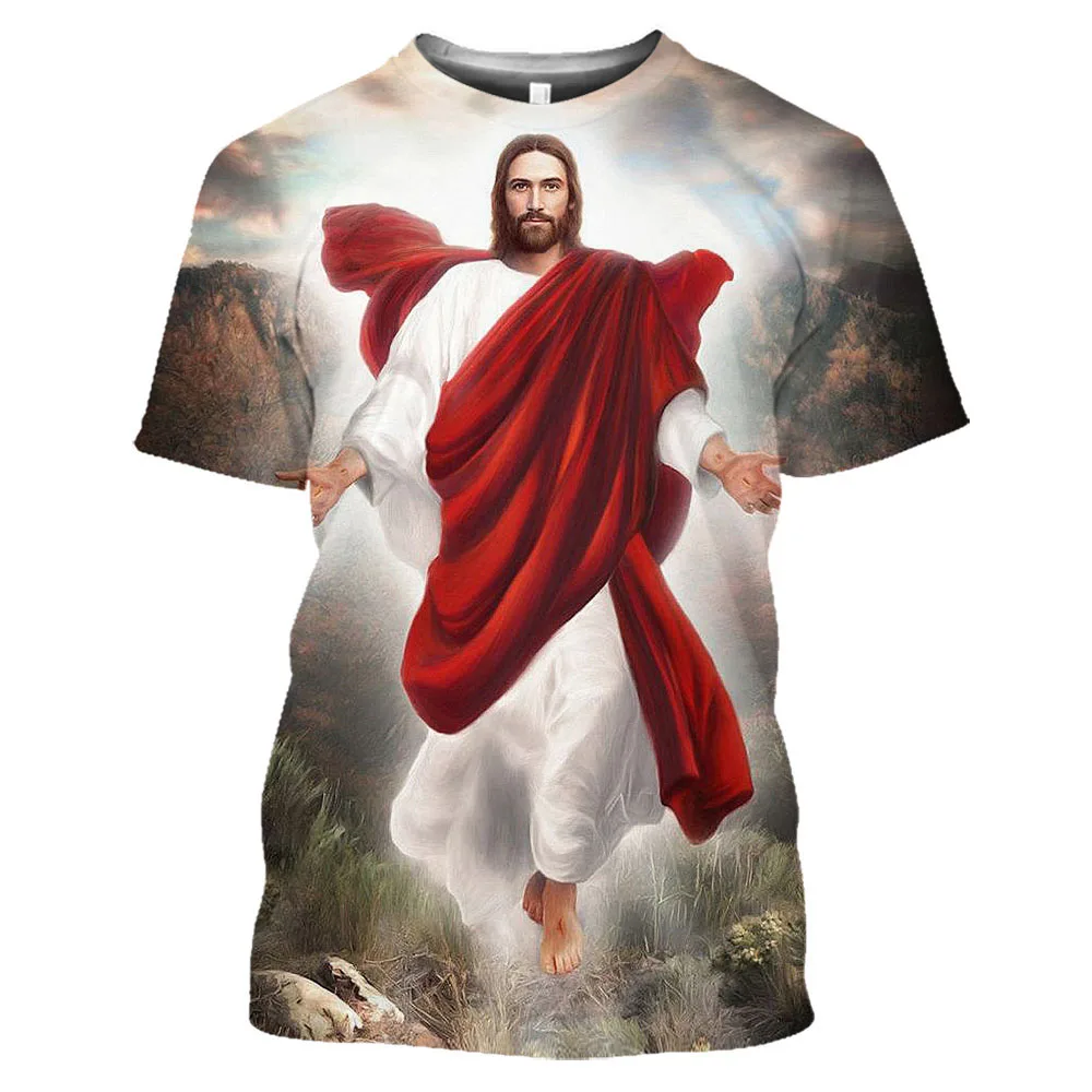 

2023 Christ Jesus Religion God Print Men T-shirts Summer Crew Neck Loose Short Sleeve Streetwear T Shirt Clothing Casual Tops