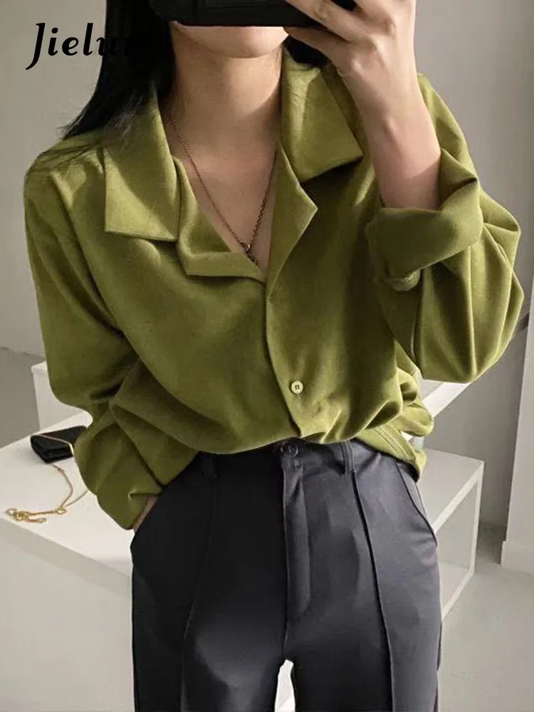 

Jielur Spring New Solid Color Casual Women Shirt Simple Basic Fashion Shirt Woman Dark Grey Apricot Green Black Top Female Chic