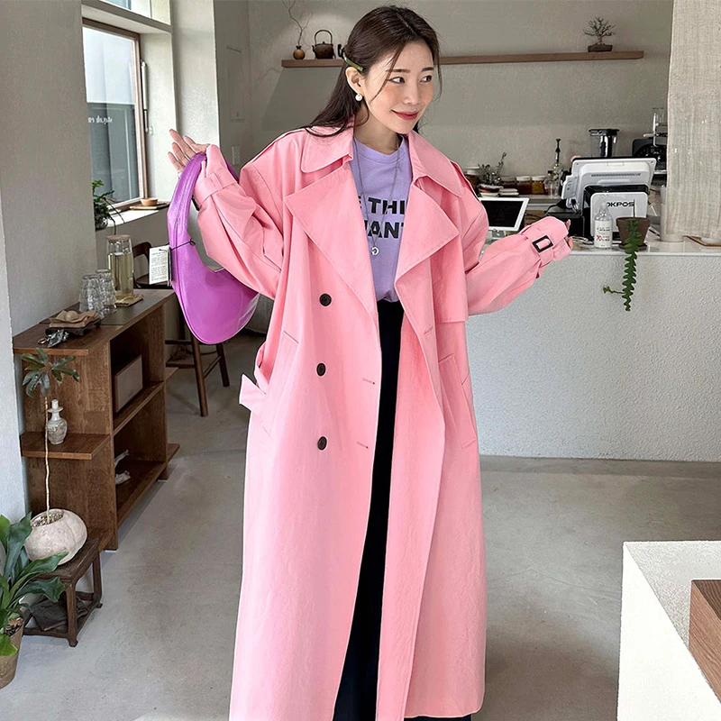 

Korean Mid-Length Windbreaker Pink Khaki Loose Casual Turndown Collar Double-breasted Long Sleeve With Sashes Female Trench Coat