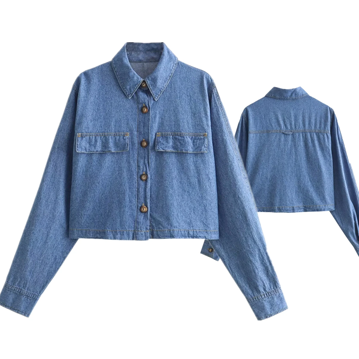 

Dave&Di Denim Shirt Women High Street Vintage Loose Pockets Long Sleeve Short Jacket Shirt For Women Tops