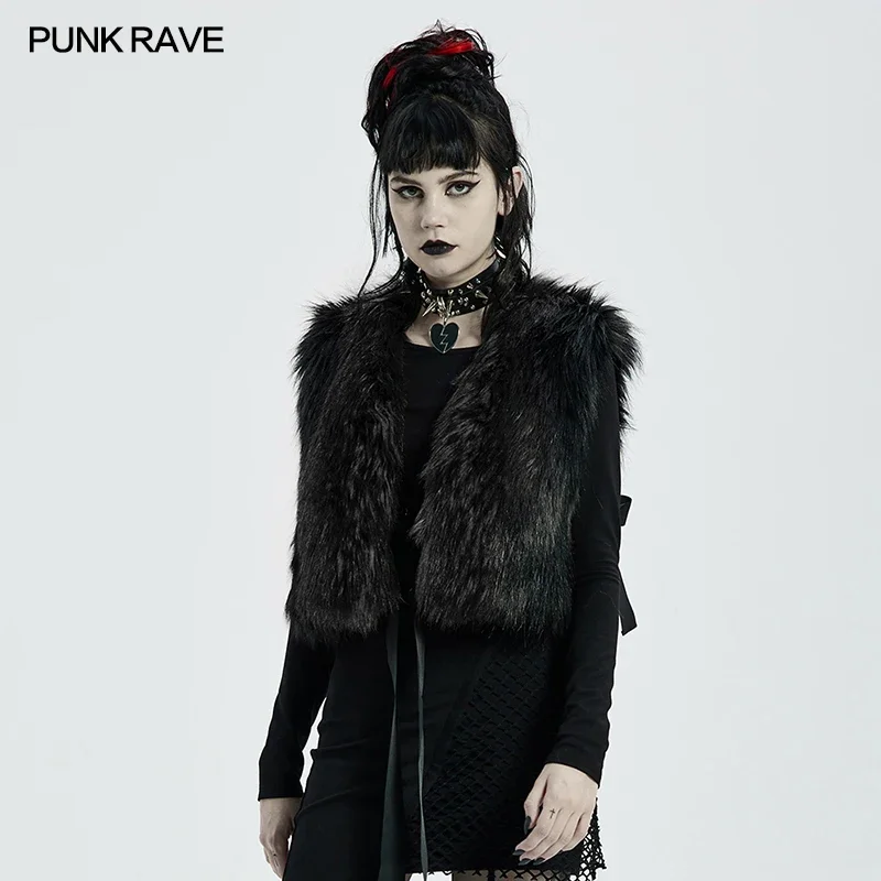 

PUNK RAVE Punk Black Stripe Imitation Woollen Coat Eylelet-decocated Leather Loops Hooded Loose Vests Zipper-up Clothing