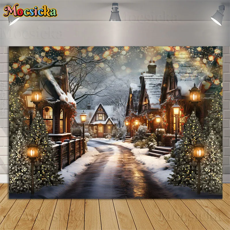 

Christmas Village Photography Backdrop Winter Snowy Bokeh Xmas Tree Background Kids Family Portrait Decor Photo Studio Photocall