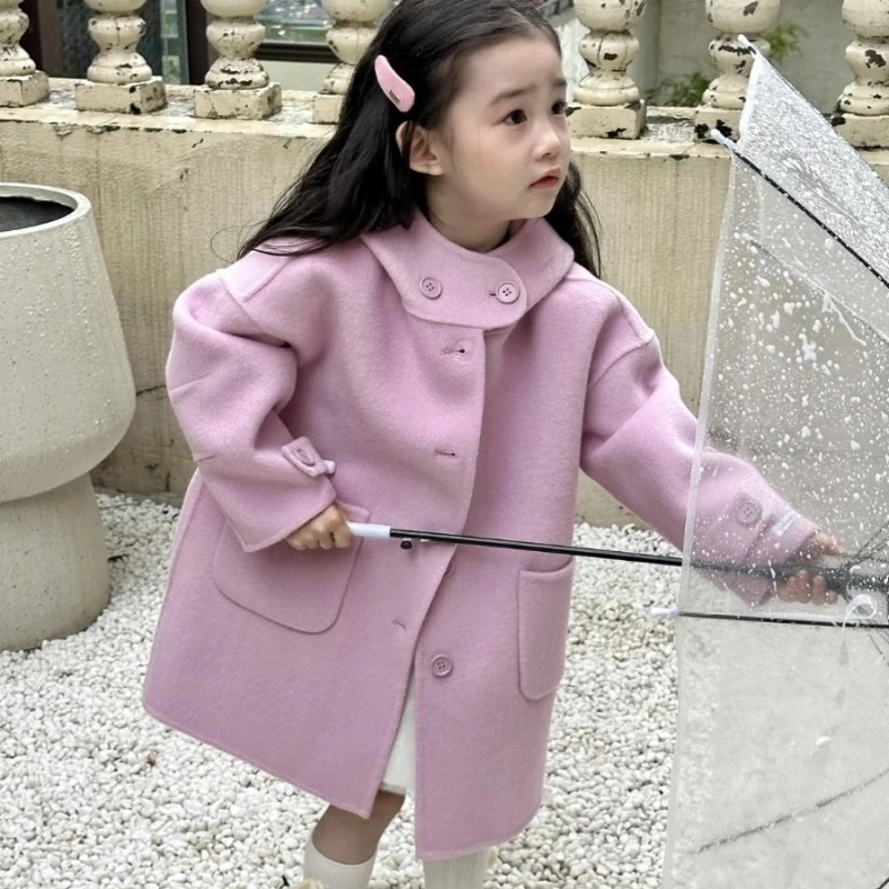 

Шерстяное пальто для девочек, куртка, ветровка, 2023 розовая теплая плотная зимняя хлопковая школьная Подарочная детская одежда