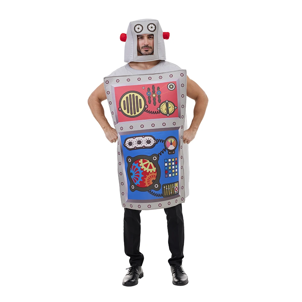 

Reneecho костюм для взрослых роботов на Хэллоуин, комбинезоны унисекс с шляпой, смешные костюмы роботов для косплея, карнавальное искусственное платье