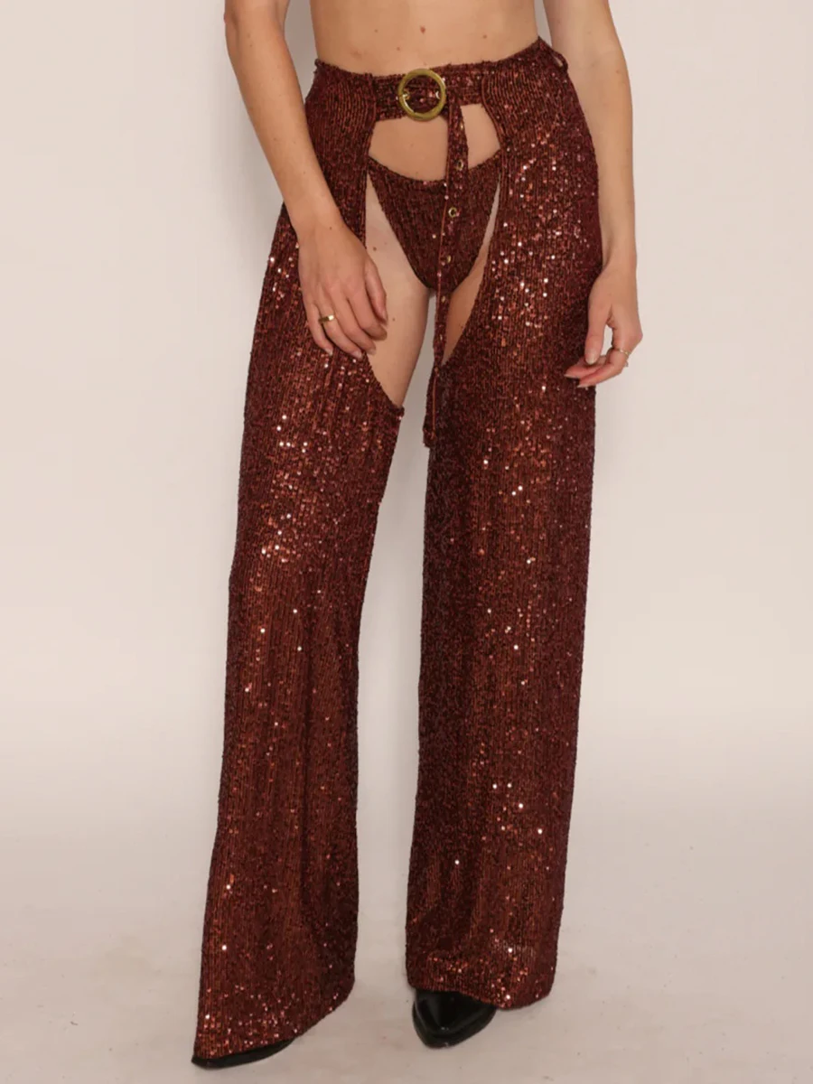 

CHQCDarlys Women Sequin Pants Sexy Open Crotch Sparkly Glitter Wide Leg Pants Fashion Valentines Day Club Party Trousers
