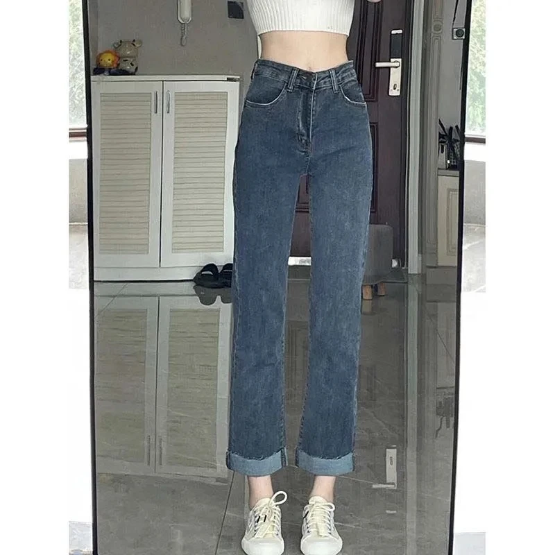 

2023 New Women Jeans Spring Summer Straight Elastic Pants Retro Cigarette Pants High Waist Nine Points Denim Pants Student Pants