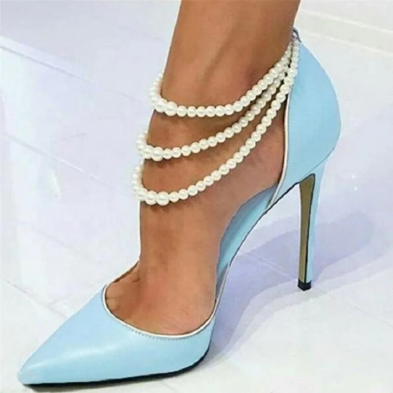 Spring/Summer New Pointed Light Mouth Blue Pearl Chain Strap Single Shoes Thin High Heels Banquet Dress Large Size Women Sandals
Spring/Summer New Pointed Light Mouth Blue Pearl Chain Strap Single Shoes Thin High Heels Banquet Dress Large Size Women Sandals