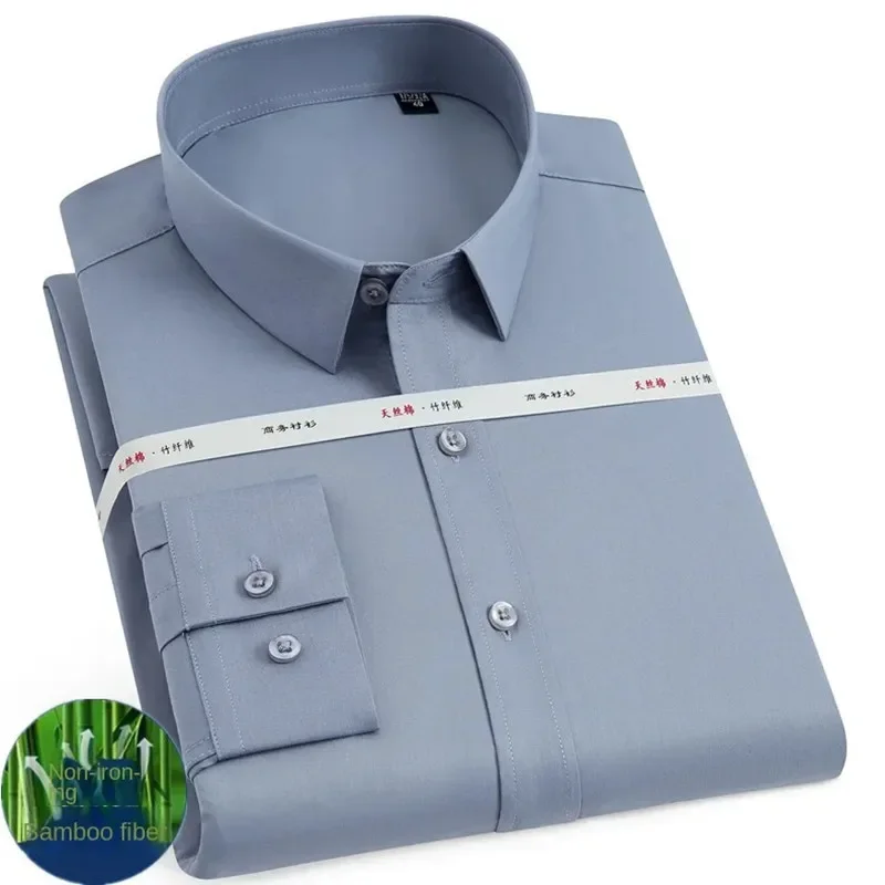 

High quality men's long sleeved bamboo fiber shirt comfortable breathable business social formal top white blue gray 6XL-7XL-8XL