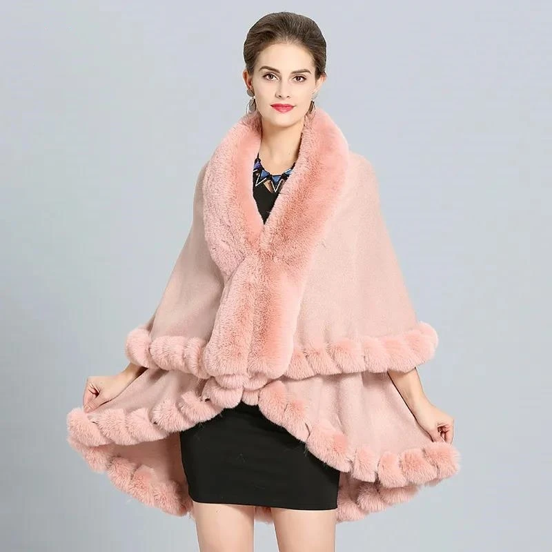 

Fashion Double Layer Handcraft Faux Rex Rabbit Fur Cape Shawl Long Knit Poncho Coat Wraps Fur Pashmina Cloak Women Winter New