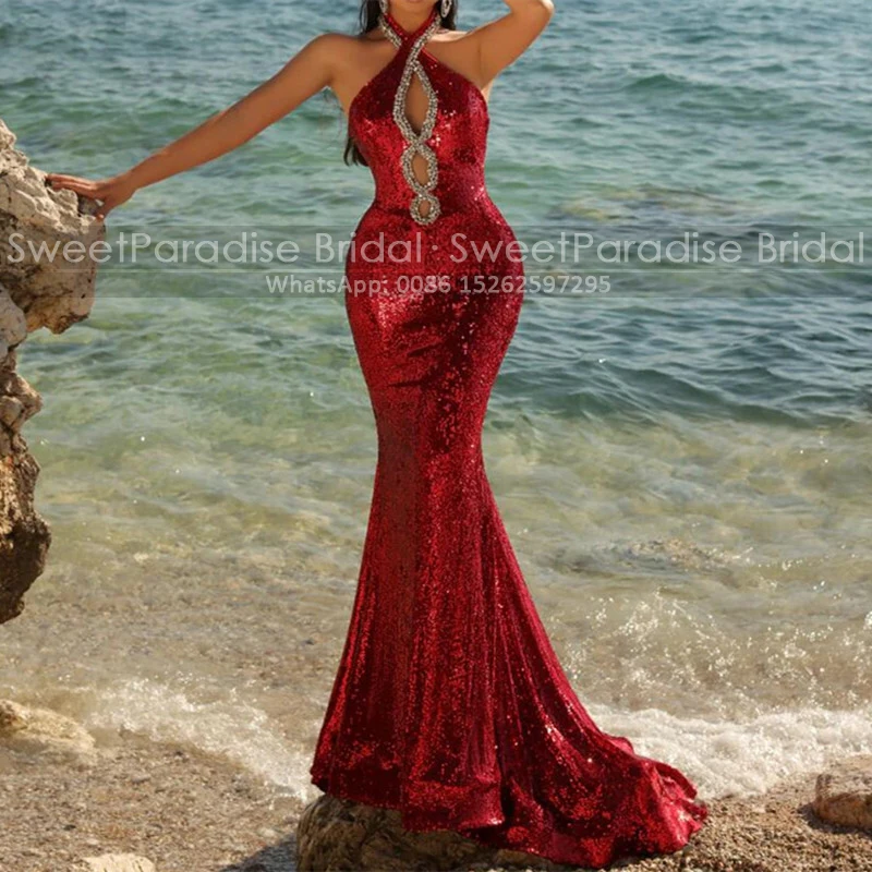 

Женское вечернее платье с юбкой-годе, длинное красное платье с блестками и лямкой на шее, украшенное бисером, без рукавов