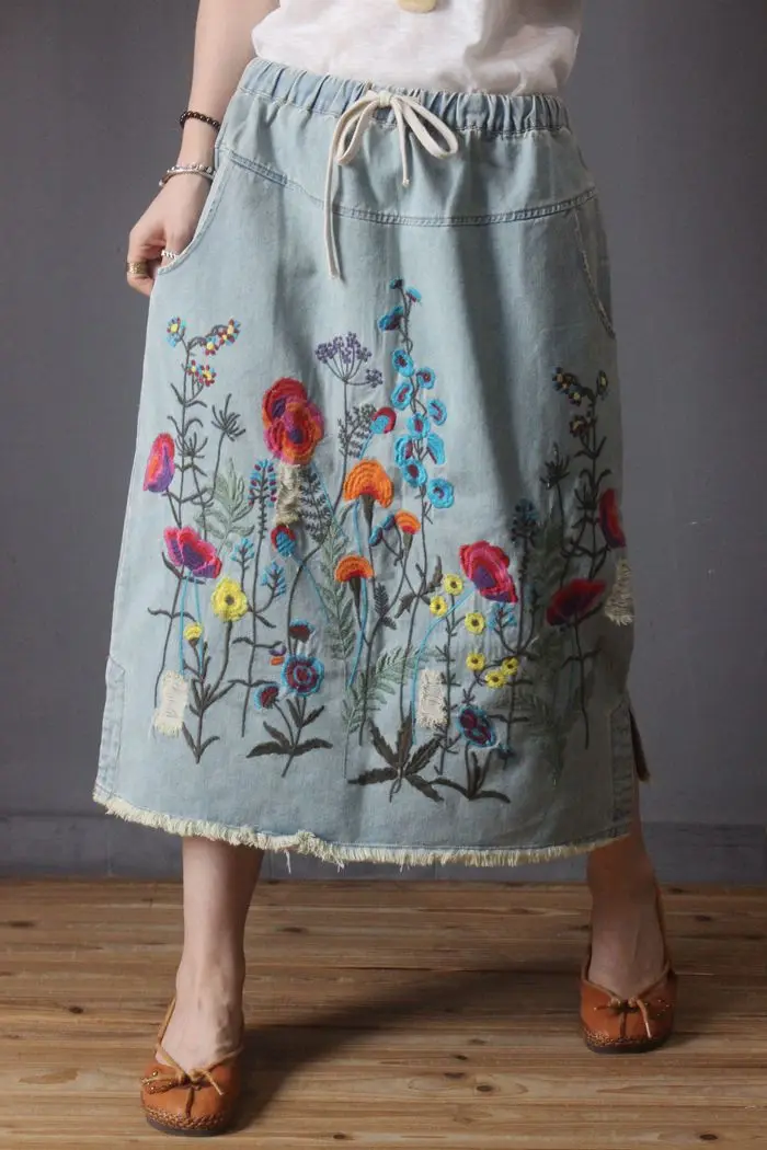 Amax luluE 2024 Fall Womens Luxury Vintage Loose Embroidery Denim Skirts Ladies Casual Floral Streetwear Females Elegant Clothes Amax luluE 2024 Fall Womens Luxury Vintage Loose Embroidery Denim Skirts Ladies Casual Floral Streetwear Females Elegant Clothes