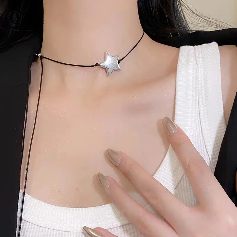 

1PC Fashion Simple Vintage Leather Choker Necklace Double Layered Star Pendant Jewelry Adjustable Chain For Women