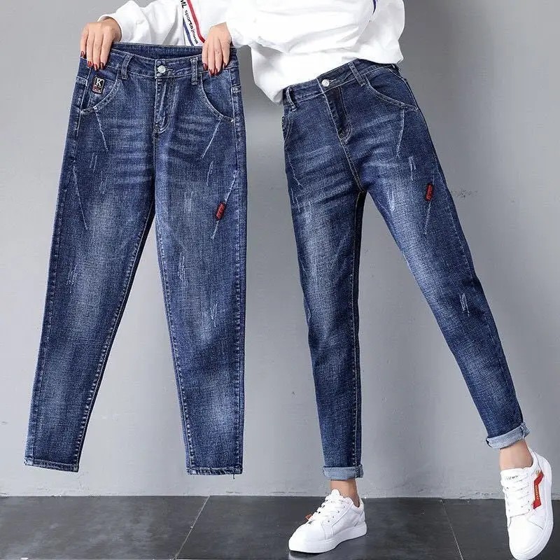 Spring Summer Basic Hole Jeans Women Elastic Waist Straight Denim Pants Student Korean Large Size Ankle Length Cowboy Pants 1162
Spring Summer Basic Hole Jeans Women Elastic Waist Straight Denim Pants Student Korean Large Size Ankle Length Cowboy Pants 1162