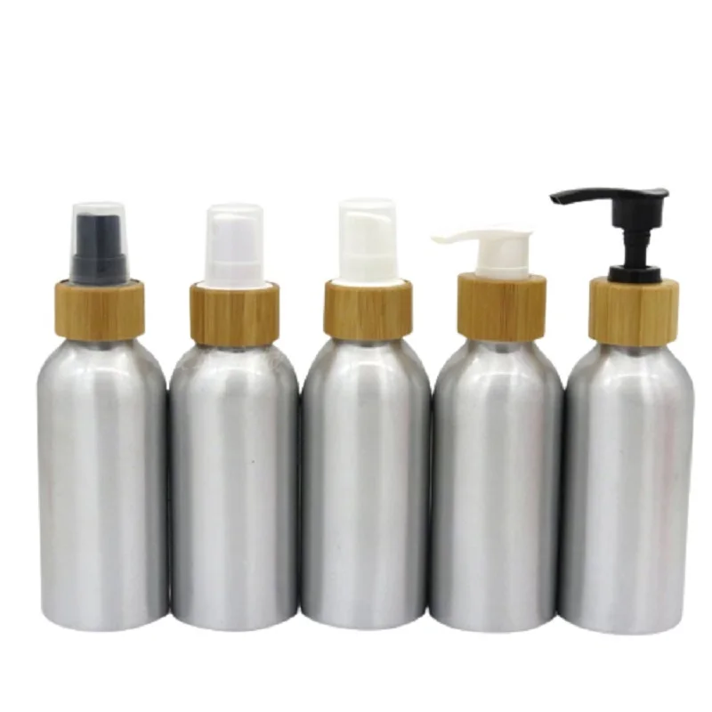 

20pcs Aluminum Bottle Refillable 4oz Cosmetic Packaging Bamboo Wood PP Spray Lotion Pump Empty Tin Metal Shampoo Bottles 120ml