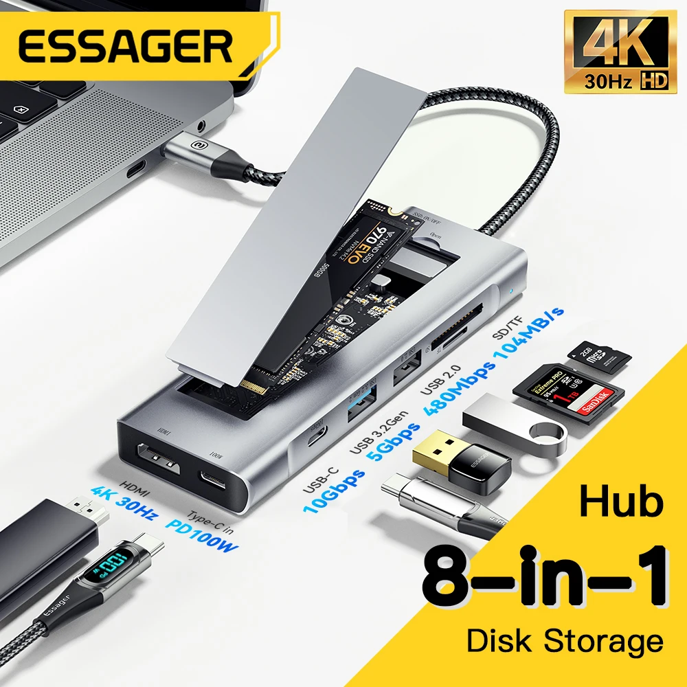 Essager USB Type C Hub With Disk Storage Function 8 in 1 USB C to SATA SSD HDD Laptop Dock Station PC For Macbook Pro Air M1 M2 
Essager USB Type C Hub With Disk Storage Function 8 in 1 USB C to SATA SSD HDD Laptop Dock Station PC For Macbook Pro Air M1 M2