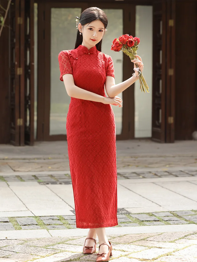 

Women Vintage Chinese Mandarin Collar Lace Cheongsam Traditional Prom Party Dress Sexy High Split Qipao Vestidso
