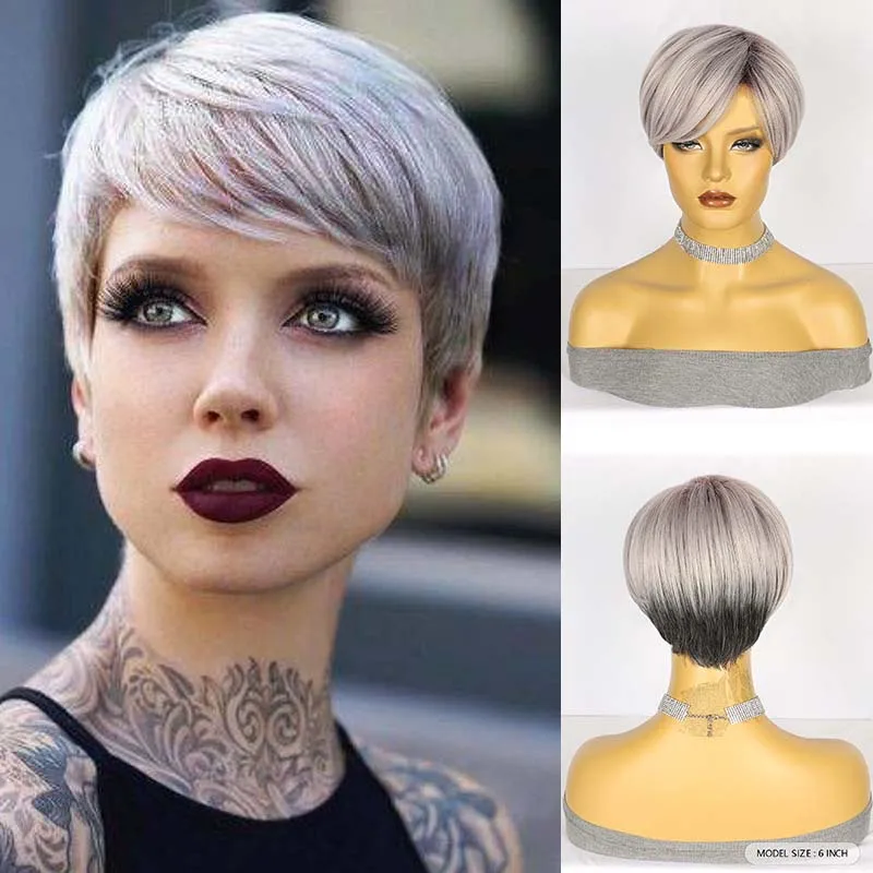 

Synthetic Short Pixie Cut Silver Gray Wigs Straight Layered Wig with Fluffy Bangs for Women Daily Heat Resistant Hair
