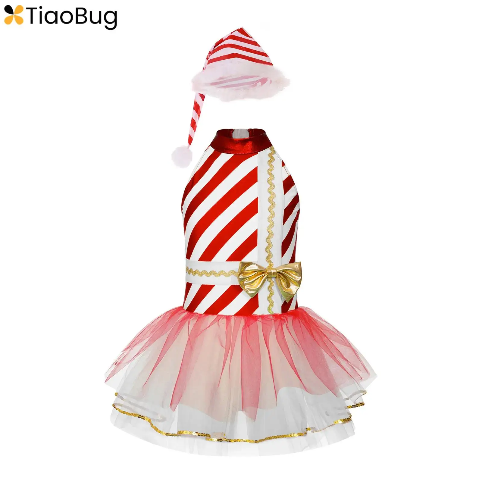 

Kids Girls Christmas Candy Cane Cosplay Costume Ballet Dance Skating Tulle Tutu Dress with Hat Xmas Party Santa Claus Outfits