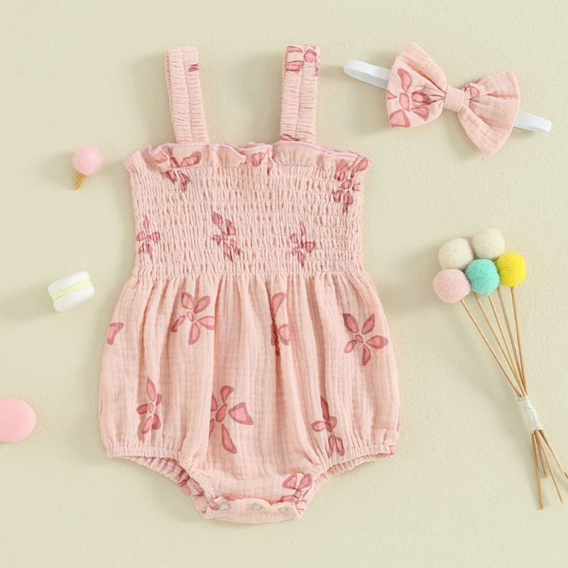 

0-18M Infant Newborn Baby Girls Summer Sweet Rompers Pink Sleeveless Floral Print Pleated Bodysuits with Headband Outfits