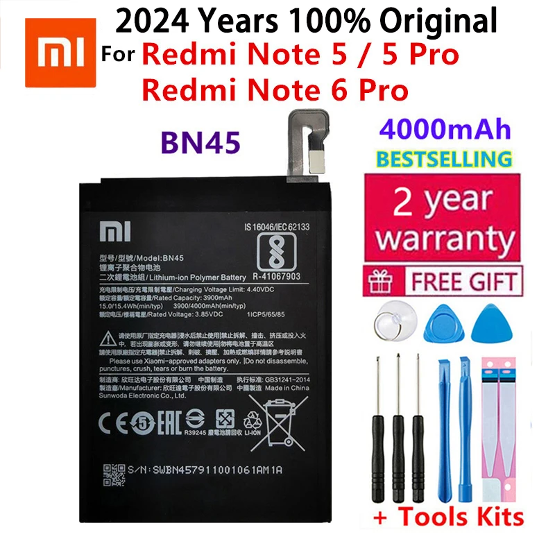 

2024 год, 100% оригинальный аккумулятор для телефона Xiaomi Redmi Note 5 Note5 Note 6 Pro BN45, 4000 мАч, сменные батареи, быстрая доставка