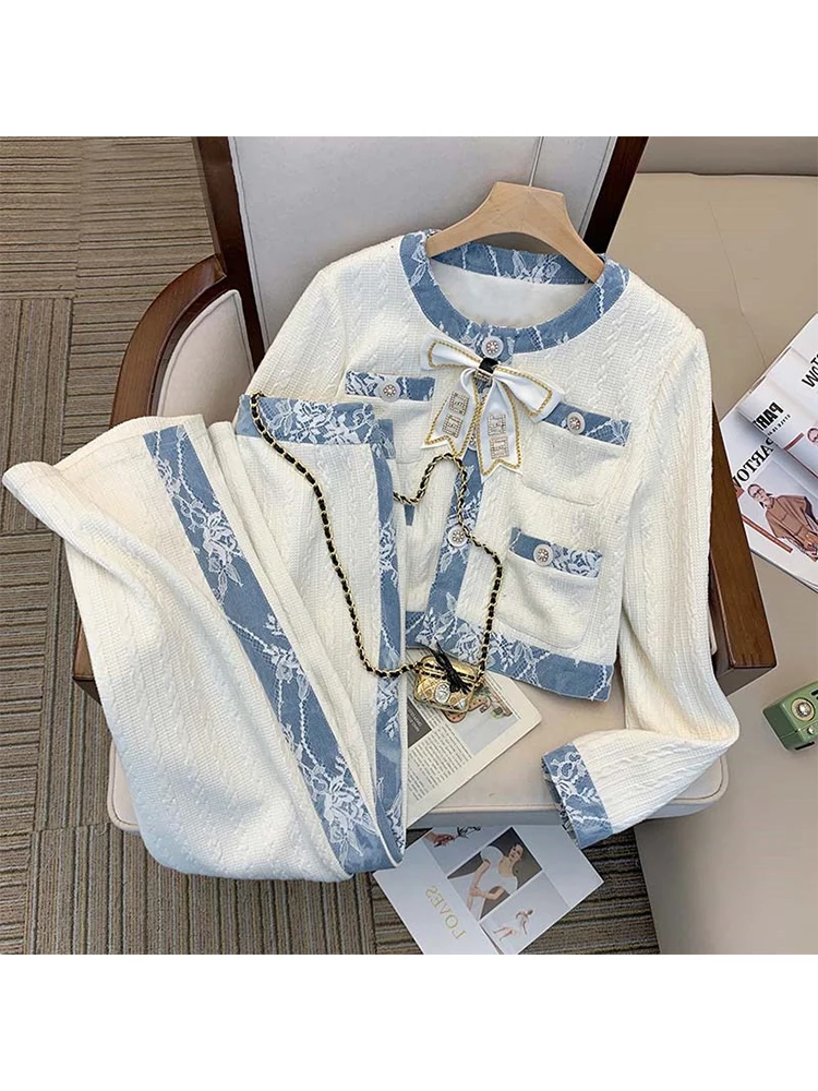 Women Elegant Office Suit Long Sleeve Bow Tops Jacket Coat Top and Pant Two Piece Set Tracketsuit Denim Patchwork White Clothing
Women Elegant Office Suit Long Sleeve Bow Tops Jacket Coat Top and Pant Two Piece Set Tracketsuit Denim Patchwork White Clothing