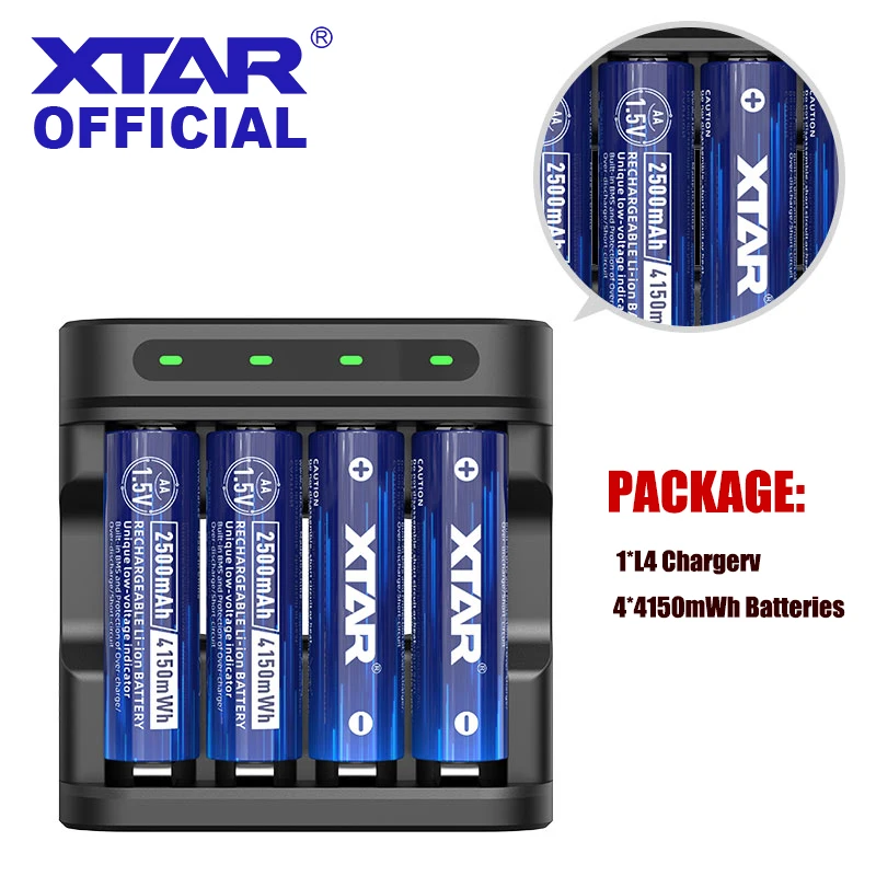 XTAR Battery Charger Set 4PCS 1.5V AA 4150mWh 2500mAh Rechargeable Li-ion Battery LED indicator + 1.5V AA AAA Battery Charger L4
XTAR Battery Charger Set 4PCS 1.5V AA 4150mWh 2500mAh Rechargeable Li-ion Battery LED indicator + 1.5V AA AAA Battery Charger L4