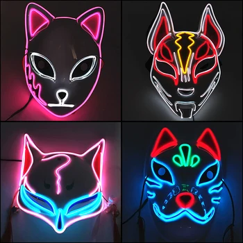 Glowing Demon Slayer Mask Cosplay Japanese Cartoon Neon Light Samurai Mascara Luminous Led Fox Mask For Halloween Christmas