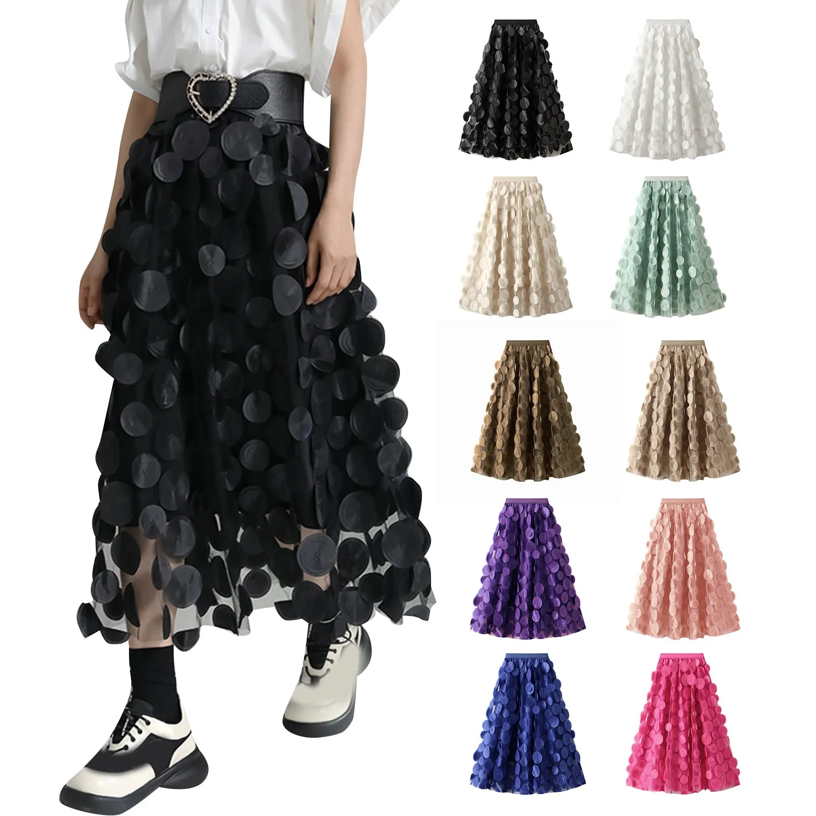 

2023 Women's Polka Dot Black Fall Skirt Elegant High Waist Cocktail Party Wedding Flared A Denim Skirts for Women Midi Length