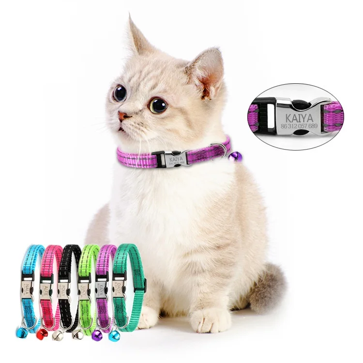 

Cat collar with bell can be engraved cat and dog name owner phone night reflective nylon cat leash anti-loss Personalized collar