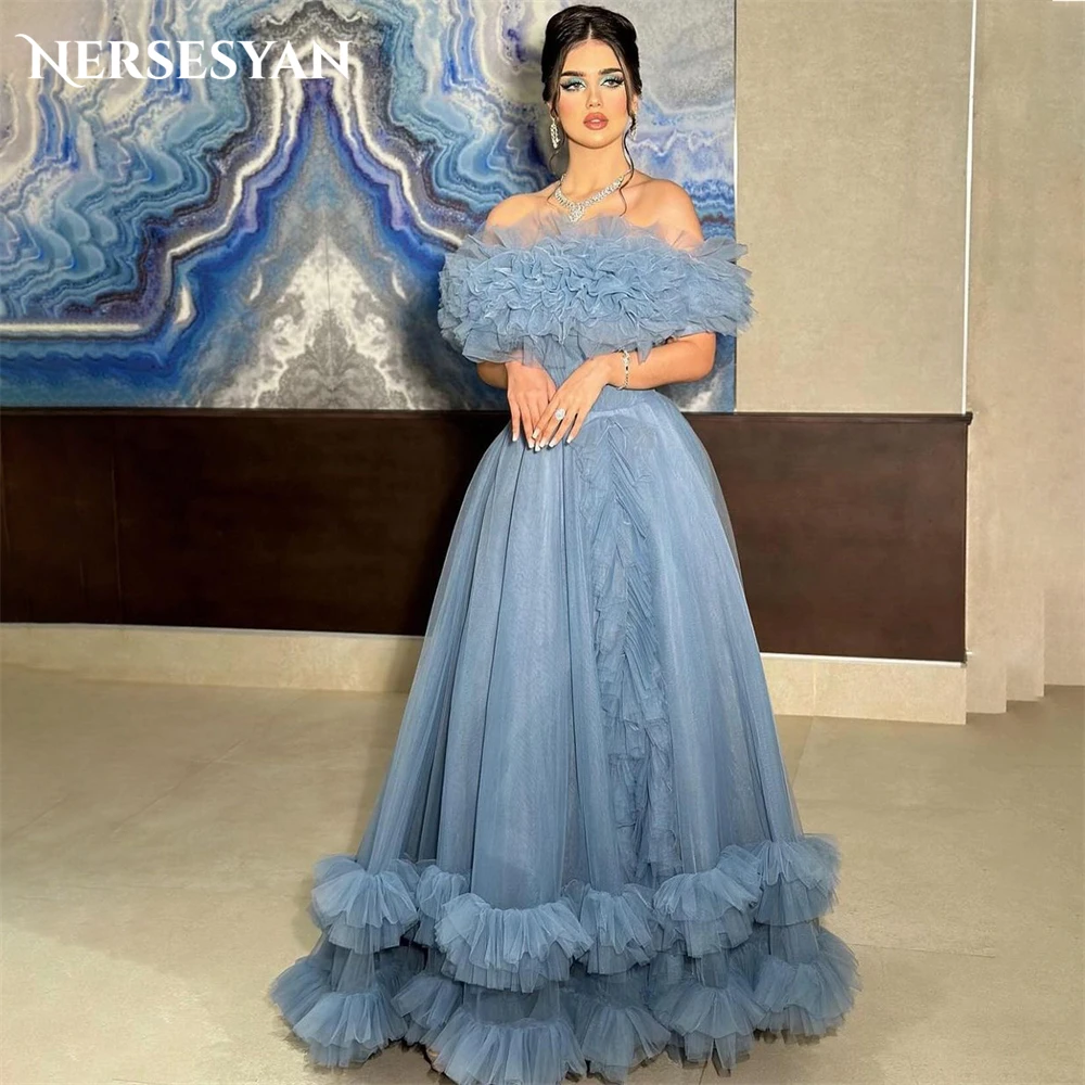 

Nersesyan Elgant Dubai Formal Prom Dresses Ruched Off Shoulder A-Line Backless Tiered Ruffles Evening Dress Pageant Party Gowns