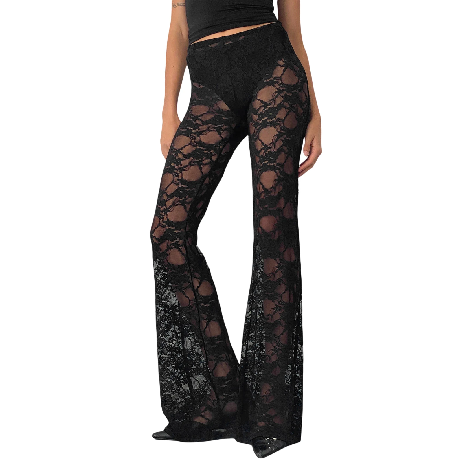 

Women’s Sexy Lace Flare Pants Gothic See-through Sheer Leggings High Waist Bell-Bottoms Trousers Clubwear Pants