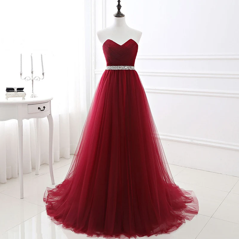

It's Yiiya Evening Dress Burgundy Tulle Crystal Strapless A-line Floor-length Plus size Women Party Formal Gown Customization