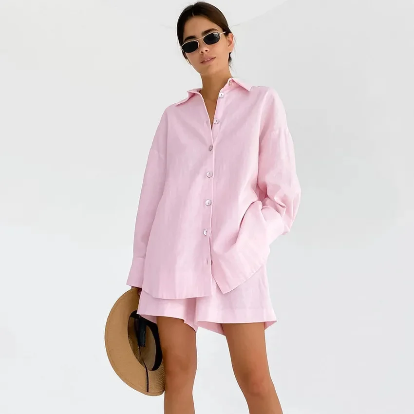 Spring Summer Cotton Linen Loose Shorts Set Solid Color Lapel Single Breasted Casual Shirts Women Outfits Pleated Female Suit
Spring Summer Cotton Linen Loose Shorts Set Solid Color Lapel Single Breasted Casual Shirts Women Outfits Pleated Female Suit
