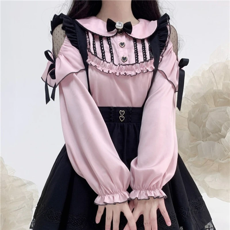 

NIGGEEY Japanese Sweet Off Shoulder Blouse Female Lace Pink Black Sliming Doll Collar Lace Exquisite Shirt Strap Tops Women